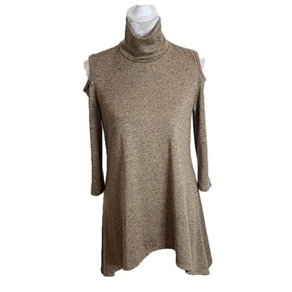Clara Sun Woo Top Tunic brown heathered cold shoulder shark bite hem Women's XS